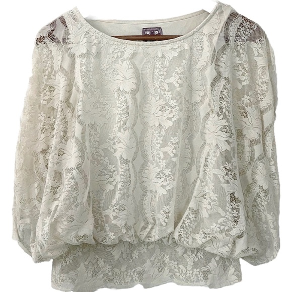 Free People Ivory Lace Boho Blouse Top XS Sheer Scalloped Hem Dolman Sleeve - Picture 2 of 13